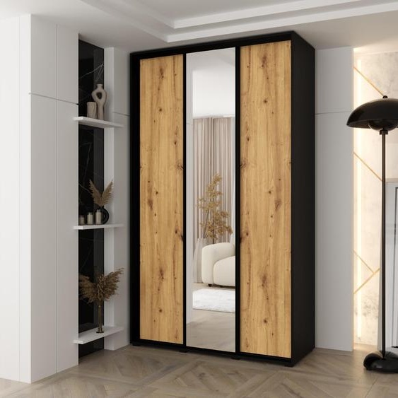 MINIO go for it, armoire VADO, 160x235,2x45 cm, 3 portes coulissantes (1 miroir), 10 étagères, 2 tringles métalliques coulissantes, noir/chêne Artisan