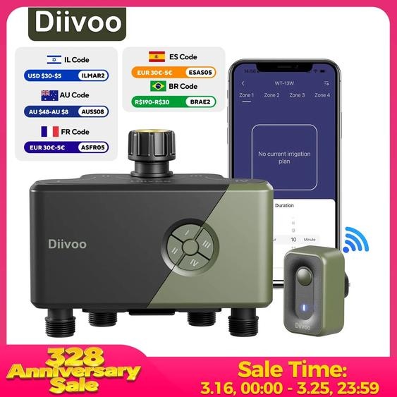 Minuteur darrosage WiFi Diivoo Garden 4 Zones, Contrôleur de Système dIrrigation Automatique avec Retard de Pluie et Arrosage Manuel