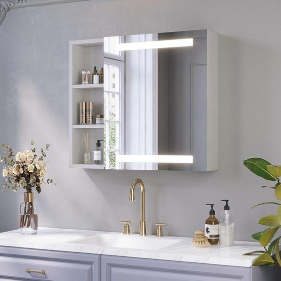Miroir avec éclairage LED, 70 cm, avec variateur dintensité, équipé dune prise de courant, finition argent mat