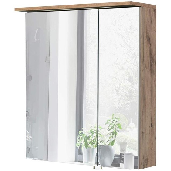 Miroir avec éclairage LED, dimensions 60,5 x 16 x 72,3 cm, en chêne, avec 2 portes et 2 étagères en verre