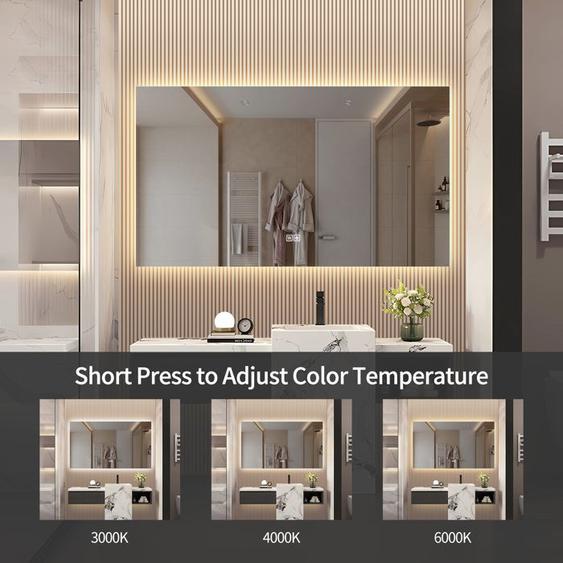 Miroir de bain LED 120×80 cm modèle de base - désembuage, 3 couleurs, 3 niveaux de réglage de la luminosité,sans cadre,sans ponçage