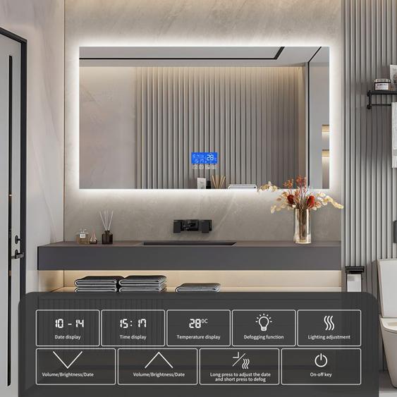 Miroir de bain LED 140×60 cm, version amélioré - affichage de la température, désembuage, trois niveaux de luminosité, sans cadre