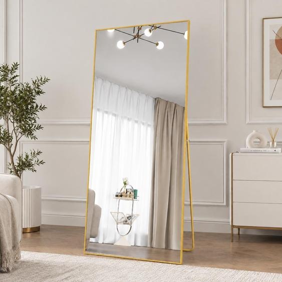Miroir de corps complet haute définition INONEFT, 180 x 80 cm, miroir de maquillage carré avec cadre en alliage daluminium et support métallique, finition dorée