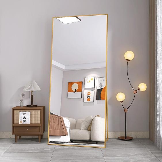 Miroir de corps entier INONEFT, 180 x 80 cm, miroir mural rectangulaire, à poser ou à fixer au mur, idéal pour les chambres, les salons et les dressings, finition dorée