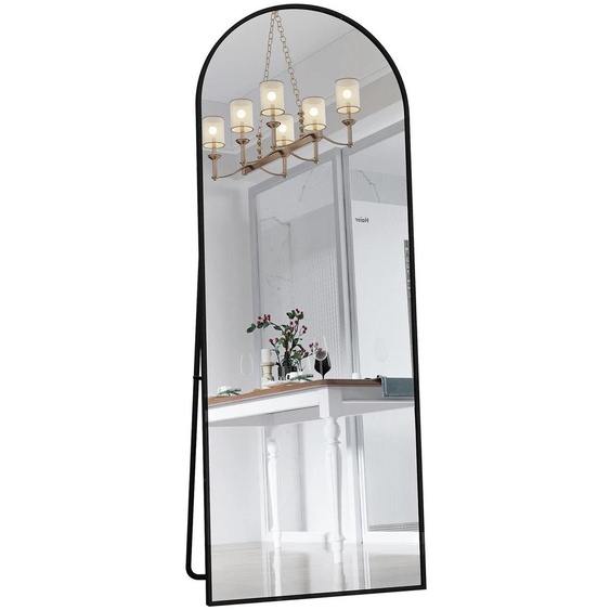 Miroir de corps entier - Miroir mural - Design incurvé - Verre trempé - Cadre métallique - Résistant aux chocs - Reflet haute définition - Idéal pour les chambres et les salons - Noir
