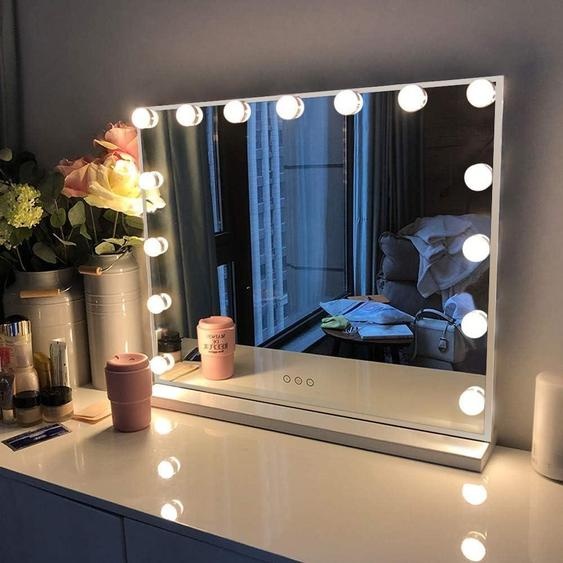 Miroir de maquillage avec 15 lampes LED, dimensions 58x46 cm, écran tactile, zoom 10x