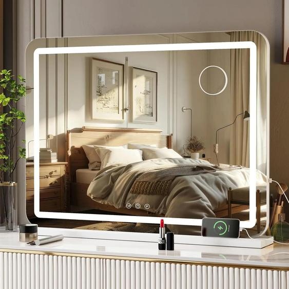Miroir de maquillage avec éclairage - miroir de maquillage Hollywood - 80×60 cm - 3 couleurs de lumière - variateur dintensité - contrôle tactile - cadre en acier inoxydable - blanc