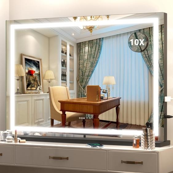 Miroir de maquillage, dimensions 32x22 pouces, éclairage LED, variateur dintensité, 3 modes, finition noire, contrôle tactile