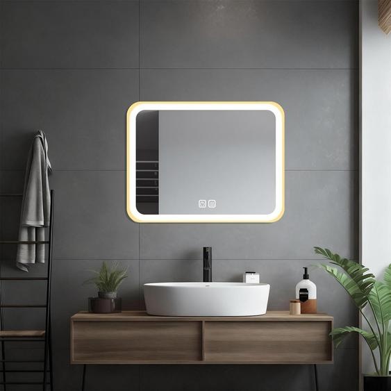 Miroir de maquillage éclairé, 40x60 cm, avec variateur dintensité, 3 modes, fonction anti-buée, fixation murale ou sur pied, finition dorée