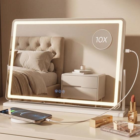 Miroir de maquillage éclairé, 81x56 cm, miroir de beauté LED HD, rotation à 360°, loupe 10x, 3 températures de couleur, réglage de lintensité lumineuse, fonction de mémorisation, contrôle tactile, USB, blanc