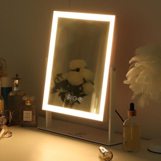 Miroir de maquillage éclairé par led, miroir de courtoisie réglable en 3 couleurs, miroir à luminosité réglable, blanc 25 cm x 30 cm Fenchilin