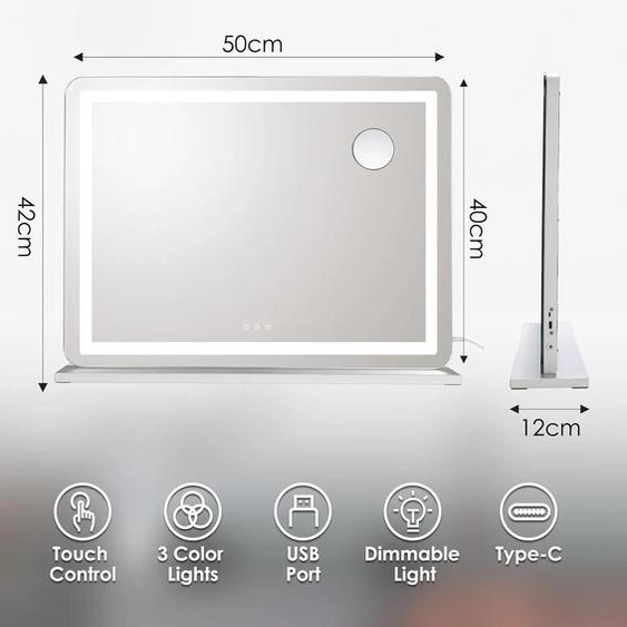 Miroir de maquillage - Hollywood avec éclairage - 50 x 40 cm - 3 températures de couleur - USB & USB-C - miroir grossissant 10x - acier inoxydable - Jaune