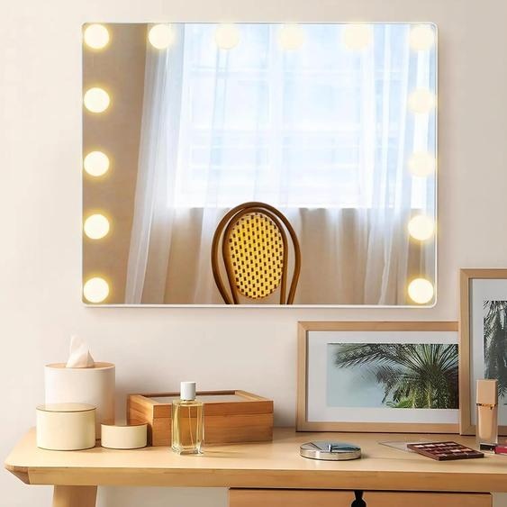 Miroir de maquillage Hollywood - Miroir cosmétique - Miroir de table et mural - Avec 14 lumières LED à intensité variable - Support métallique - Blanc