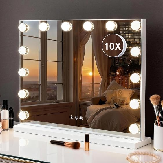 Miroir de maquillage LED, 3 modes de couleur, réglable en intensité, grossissement 10x, dimensions : 52 x 40 cm