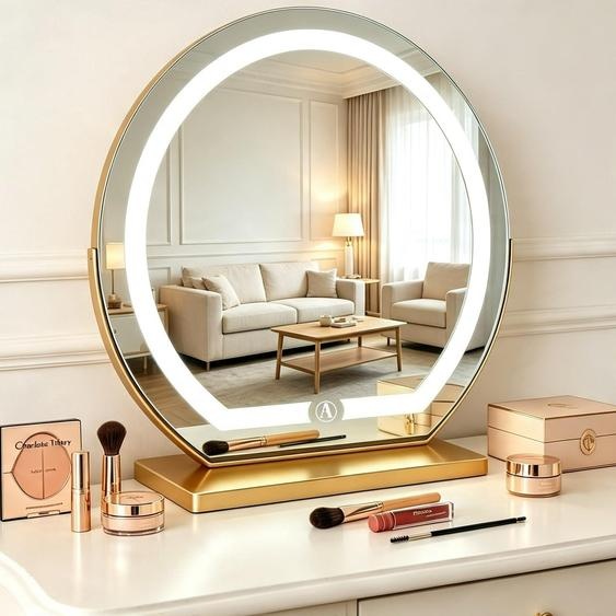 Miroir de maquillage LED, 50 cm, grossissement 10x, 3 couleurs réglables en intensité, finition dorée