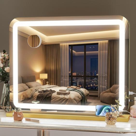 Miroir de maquillage LED, 55x45 cm, grossissement 10x, avec écran tactile, finition dorée