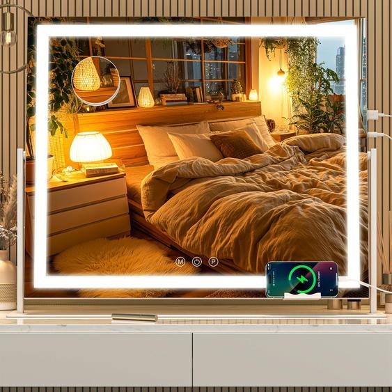 Miroir de maquillage LED, 60x50 cm, 3 couleurs de lumière, réglage de lintensité, connexion USB, rotation à 360°