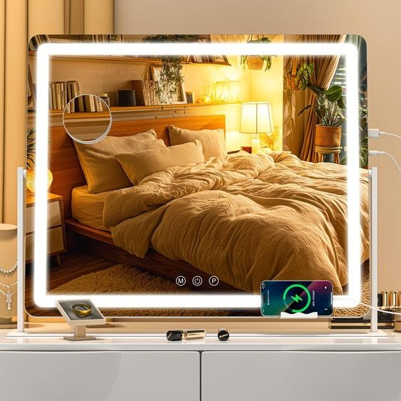 Miroir de maquillage LED, 60x50 cm, grossissement 10x, 3 températures de couleur, écran tactile, blanc