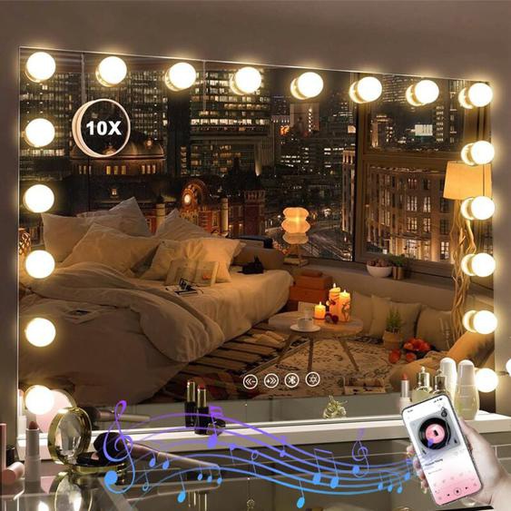 Miroir de Maquillage LED Hollywood 80x60 cm avec 18 Ampoules, Éclairage Dimmable, Contrôle Tactile, 3 Couleurs de Lumière (Blanc Chaud/Neutre/Froid)
