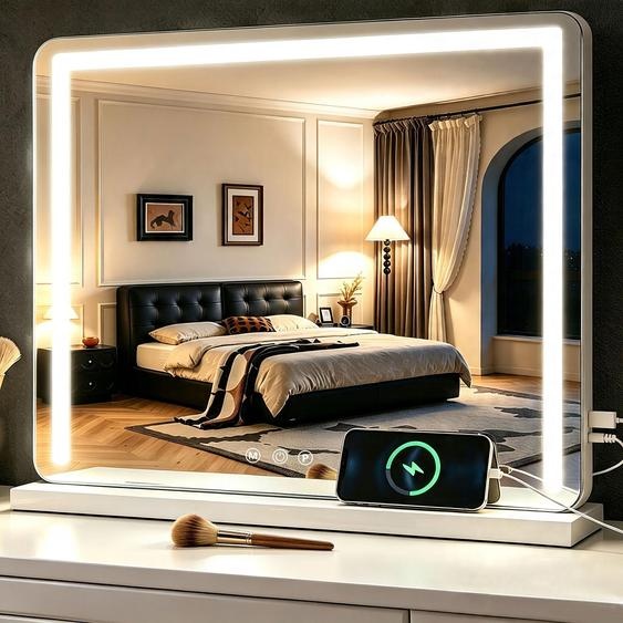 Miroir de maquillage LED, avec variateur dintensité, 3 modes, dimensions 50x40 cm, alimentation USB, grossissement 10x