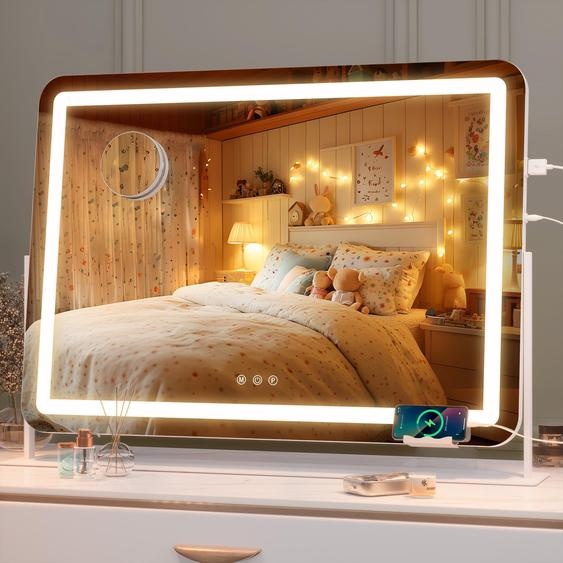 Miroir de maquillage LED, dimensions 76,2 x 53,3 cm, grossissement 10x, éclairage à 3 couleurs, blanc
