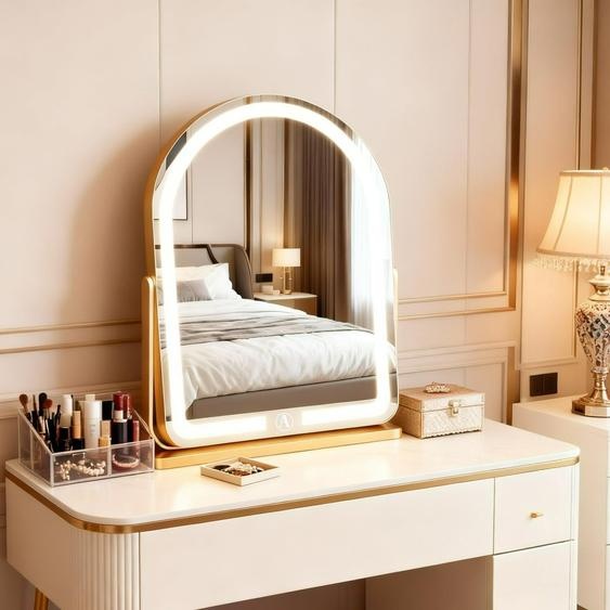 Miroir de maquillage LED incurvé, avec capteur tactile, 3 modes déclairage, rotatif à 360°, finition dorée