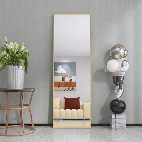 Miroir de maquillage plein pied 162x53 cm, cadre en aluminium doré, forme rectangulaire, mural et sur pied, contemporain