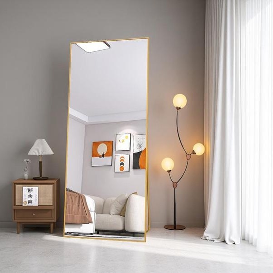 Miroir de maquillage rectangulaire en verre trempé, cadre en aluminium doré, 1800x800 mm, design moderne et élégant