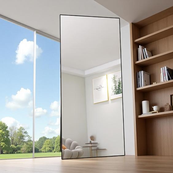 Miroir de maquillage rectangulaire en verre trempé, cadre en aluminium noir, 1800x800 mm, design moderne et élégant