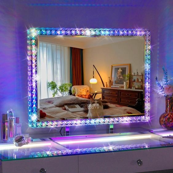 Miroir de maquillage VANITII Hollywood 80 cm x 60 cm avec éclairage LED Mode déclairage RGB Miroir cosmétique en cristal pour coiffeuse Blanc