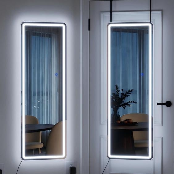Miroir de pleine longueur avec éclairage LED, dimensions 120x37 cm, miroir à suspendre pour porte, miroir mural sans cadre, patère réglable en hauteur, couleur blanche