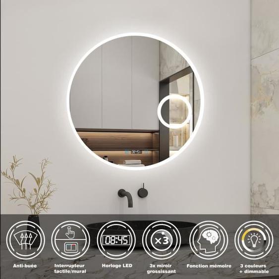 Miroir de salle de bain 70cm tactile + 3x loupe + horloge numérique + 3 couleurs + anti-buée