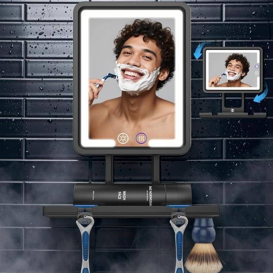 Miroir de salle de bain antibuée avec éclairage, pivotant à 360°, couleur noire