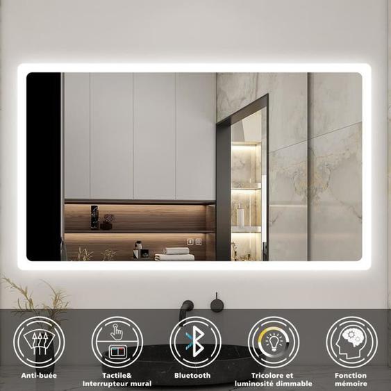Miroir de salle de bain,avec anti-buée,bluetooth,3 couleurs Horizontal 100cm(L)x60cm(H),LED tactile