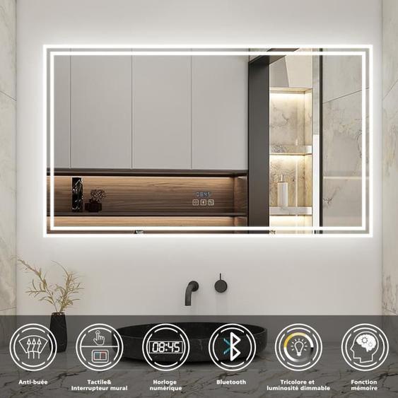 Miroir de salle de bain,avec anti-buée,horloge,bluetooth,3 couleurs Horizontal 100cm(L)x60cm(H),LED tactile