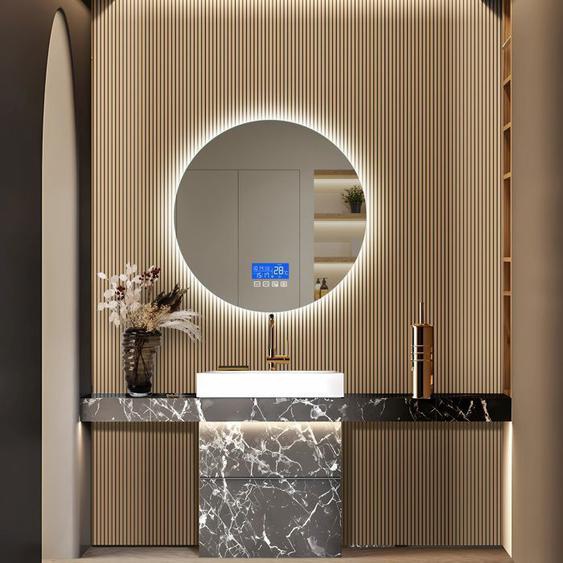 Miroir de salle de bain désembué sans cadre-GARHELPER-affichage de la température, 3 niveaux de luminosité, rond, diamètre 60cm