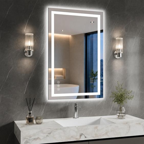 Miroir de salle de bain LED, 80x50 cm, 3 couleurs, variateur dintensité, anti-buée, mémoire