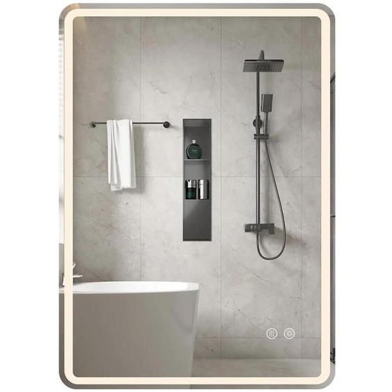 Miroir de salle de bain LED, 80x60 cm, lumière à 3 couleurs, anti-buée, interrupteur tactile