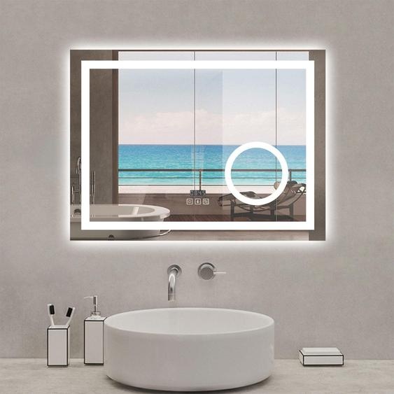 Miroir de salle de bain LED 80x60cm tricolore anti-buée + loupe + bluetooth + horloge + mémoire + dimmable