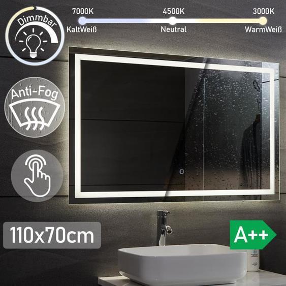 Miroir de Salle de Bain LED Aquamarin - 110x70 cm, CEE: A++, Tactile, Mural, Anti-Buée