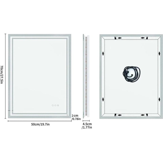 Miroir de salle de bain LED, miroir de maquillage mural blanc, rectangulaire 50×70 cm (19,7×27,5 pouces), antibuée, tactile, 3 couleurs de lumière