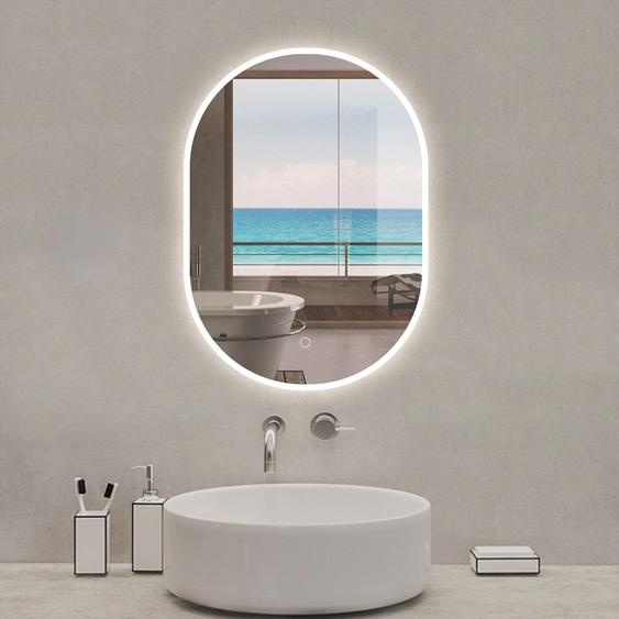 Miroir de salle de bain ovale 45x90cm, mémoire + dimmable + anti-buée, IP44, 6000K blanc froid