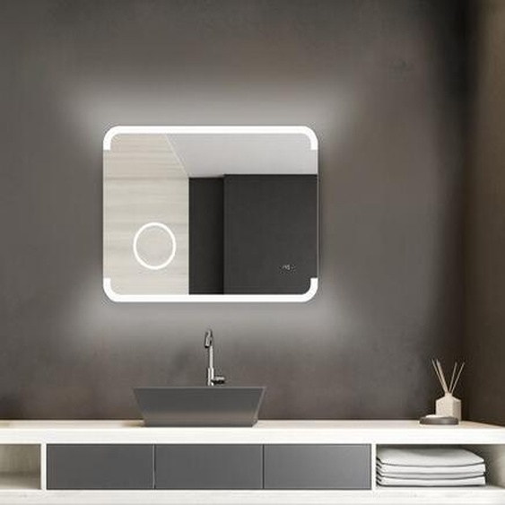 Miroir de salle de bains avec éclairage TALOS LED Harmony - 80 x 60 cm - lumière dambiance rétro-éclairée - miroir cosmétique éclairé grossissement 3x horloge digitale