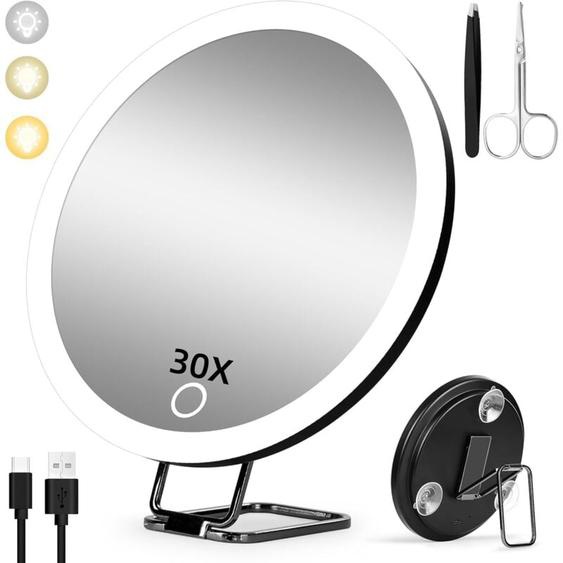 Coavas - Miroir grossissant avec lumière 30X, 15cm 3 Modes de Couleur Dimming Miroir de Maquillage Lumineux 30X, Grand Miroir Grossissant de Voyage