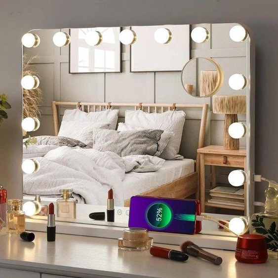 Miroir Hollywood avec éclairage – Maquillage et coiffure – Grossissement 3x – 58 x 48 cm – Port USB
