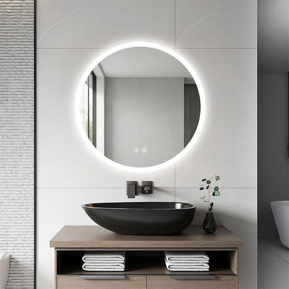 Miroir LED rond intelligent de 70 cm - Miroir de salle de bain à fixer au mur - Éclairage arrière - 3 couleurs de lumière - Anti-buée - Capteur tactile - Verre trempé - Argent