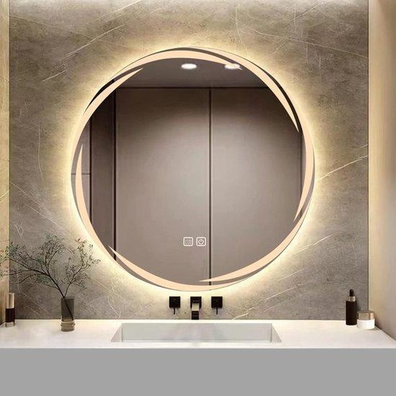 Miroir LED rond pour salle de bains - 500 mm - Fixation murale - Miroir de maquillage avec variateur dintensité - Anti-buée - Rabattable