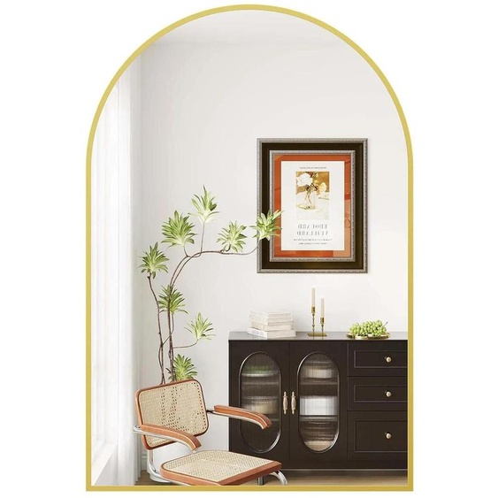 Miroir mural bombé - Miroir de salle de bains - À fixer au mur - Cadre métallique - Verre - Miroir grossissant - 50 x 75 cm - Doré