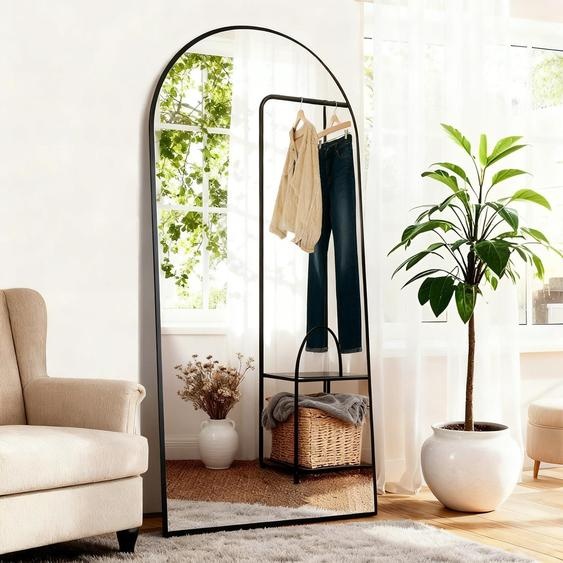 Miroir mural complet, dimensions 165x60 cm, miroir sur pied, verre trempé, couleur noire. Peut être accroché au mur ou  comme miroir sur pied