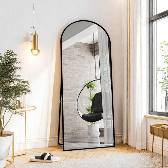 Miroir mural et sur pied arqué 180x80 cm, miroir de sol, miroir autoportant noir, cadre en alliage daluminium